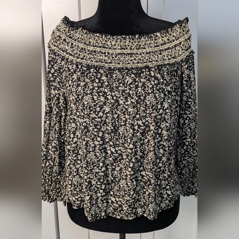 Promera Floral Peasant Off The Shoulder Blouse Long Sleeves Black White Size M - Picture 3 of 8